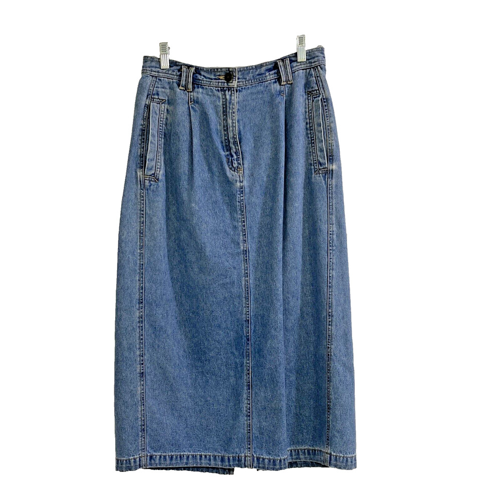 Vintage Lizwear 10P Blue Cotton Denim Skirt Maxi Pleats Pockets Zipper & Button